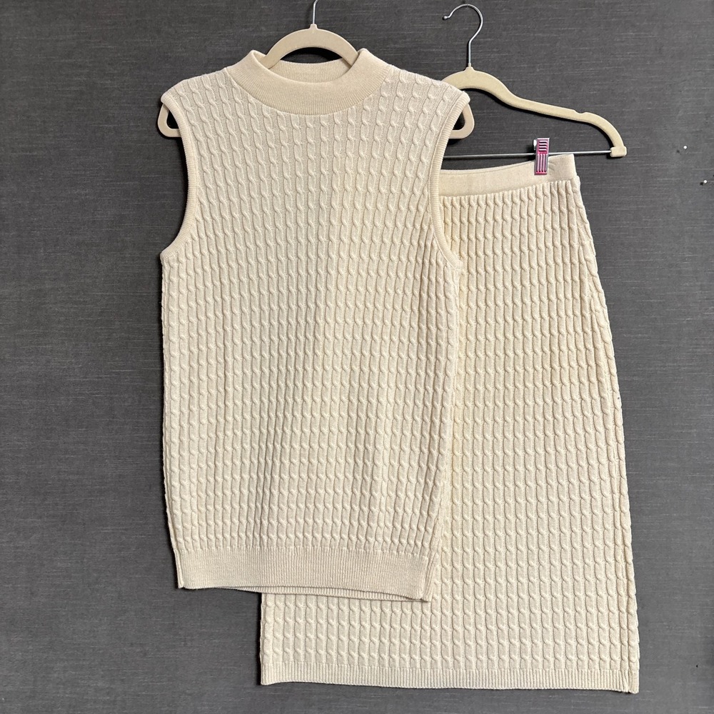 Vintage Panther Sweater‎ Skirt Set L Cream Wool Cable Knit Tank Midi 90s Neutral
